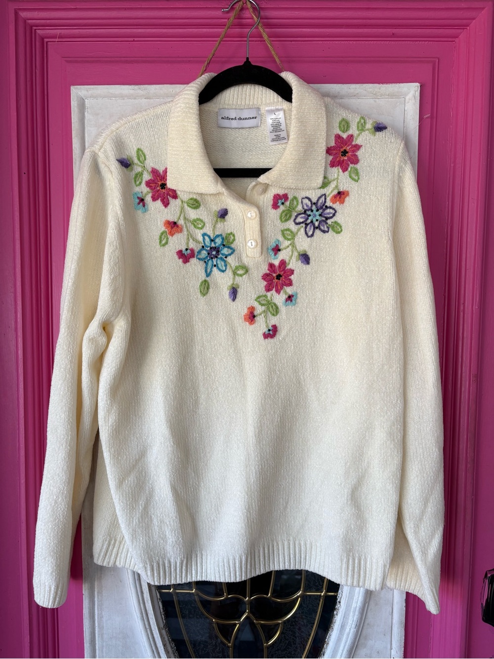 Alfred Dunner Cream V-Neck Polo Sweater with Multicolor Floral Embroidery